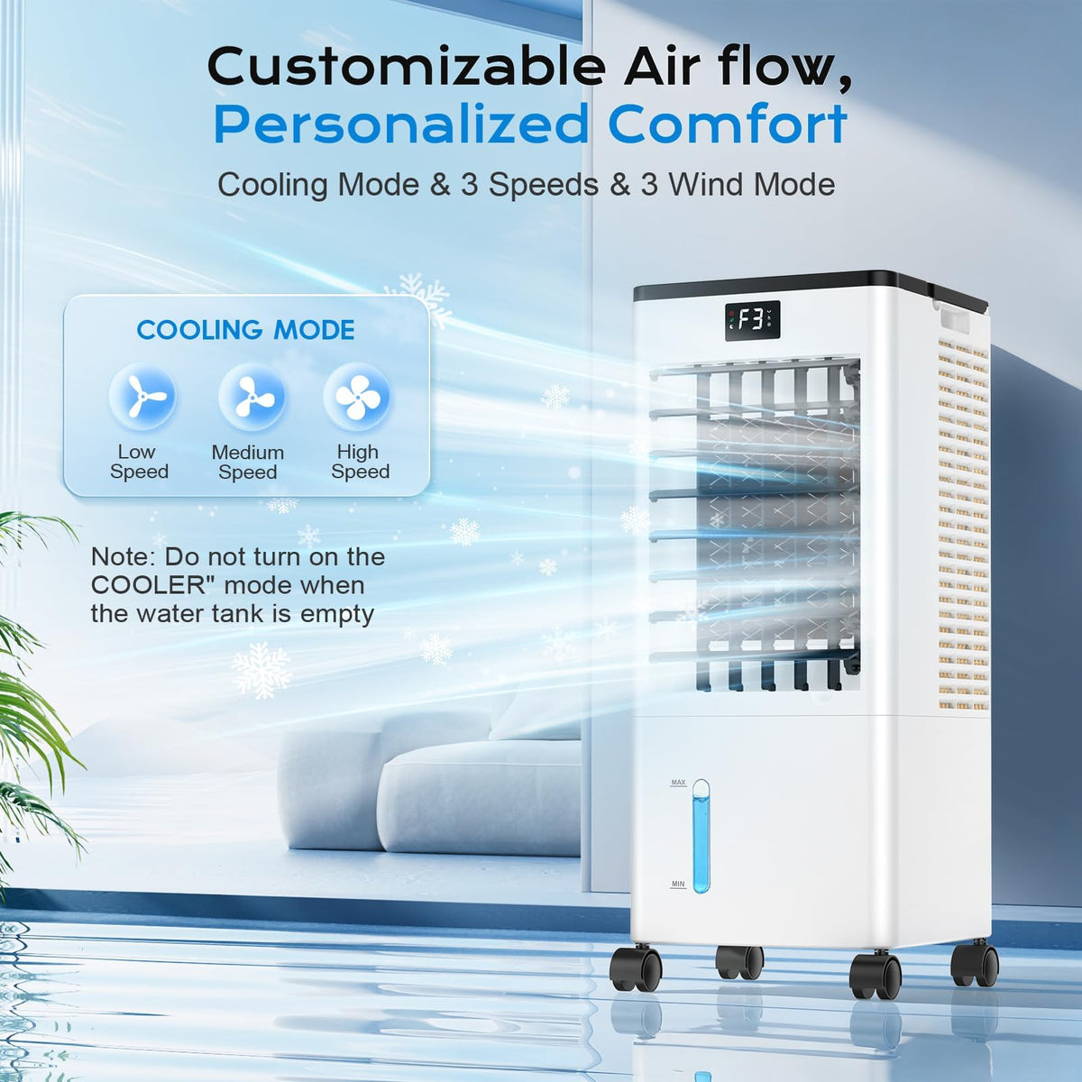 60W Evaporative Air Cooler with 8L Water Tank, Remote Control, LED Display & 4 Ice Packs