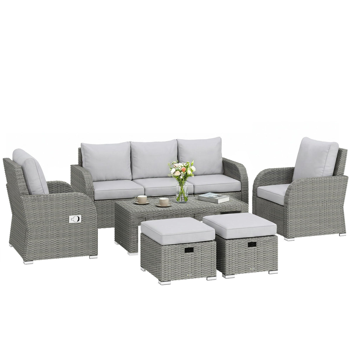 7 Seater Rattan Garden Furniture Set with Reclining Chairs, Footstools & Coffee Table