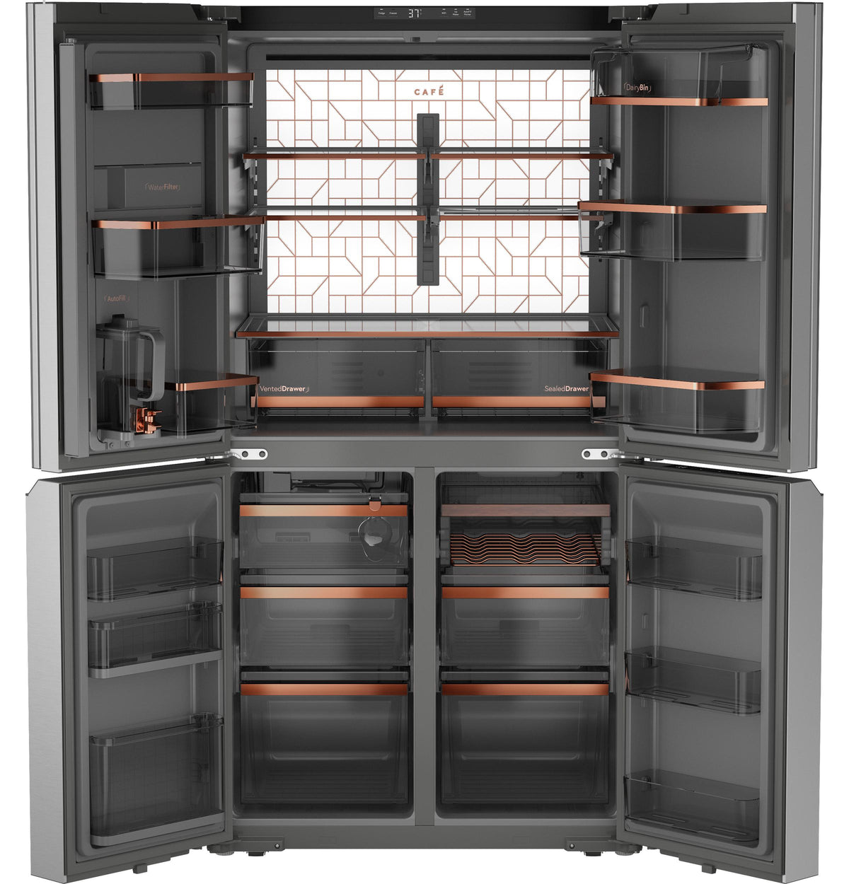 Café™ ENERGY STAR® 28.3 Cu. Ft. Smart Quad-Door Refrigerator in Platinum Glass with Dual-Dispense AutoFill Pitcher